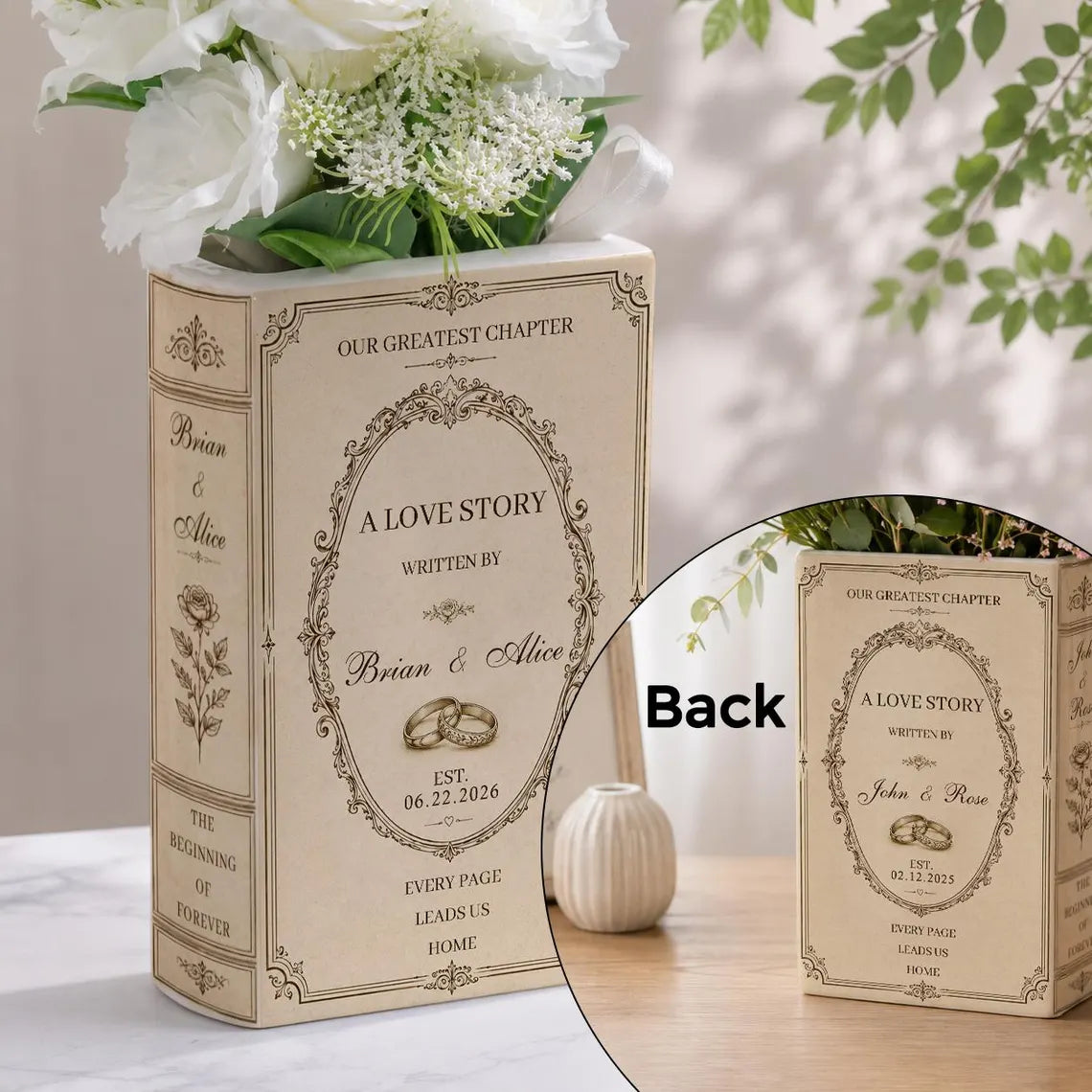 Custom Engagement Ceramic Book Vase, Wedding Gift for Couple, Wedding Flower Decor, Newlywed Gift, Engagement Decor, Custom Book Vase