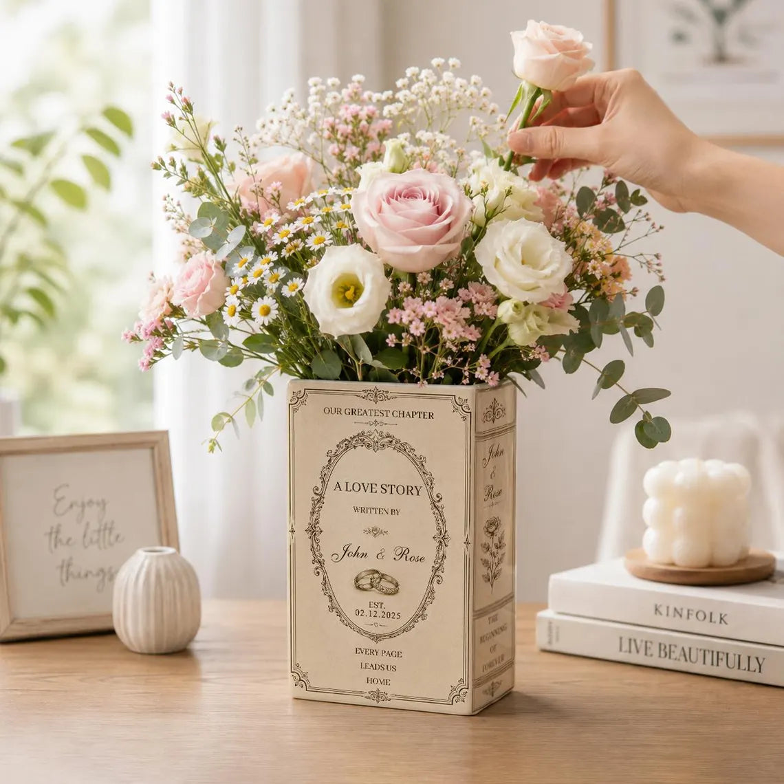 Custom Engagement Ceramic Book Vase, Wedding Gift for Couple, Wedding Flower Decor, Newlywed Gift, Engagement Decor, Custom Book Vase