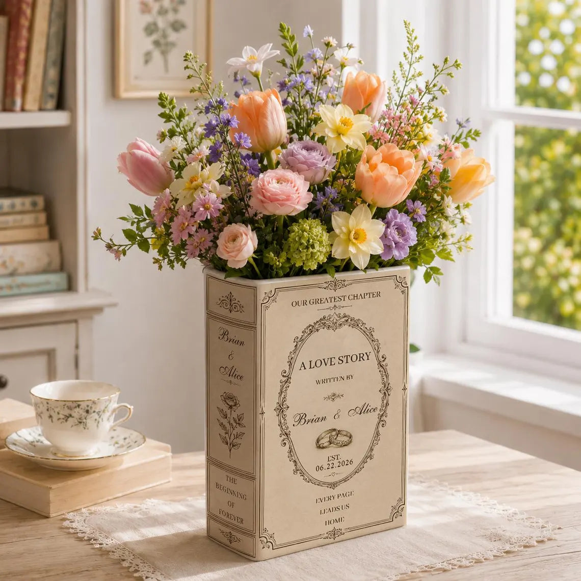 Custom Engagement Ceramic Book Vase, Wedding Gift for Couple, Wedding Flower Decor, Newlywed Gift, Engagement Decor, Custom Book Vase