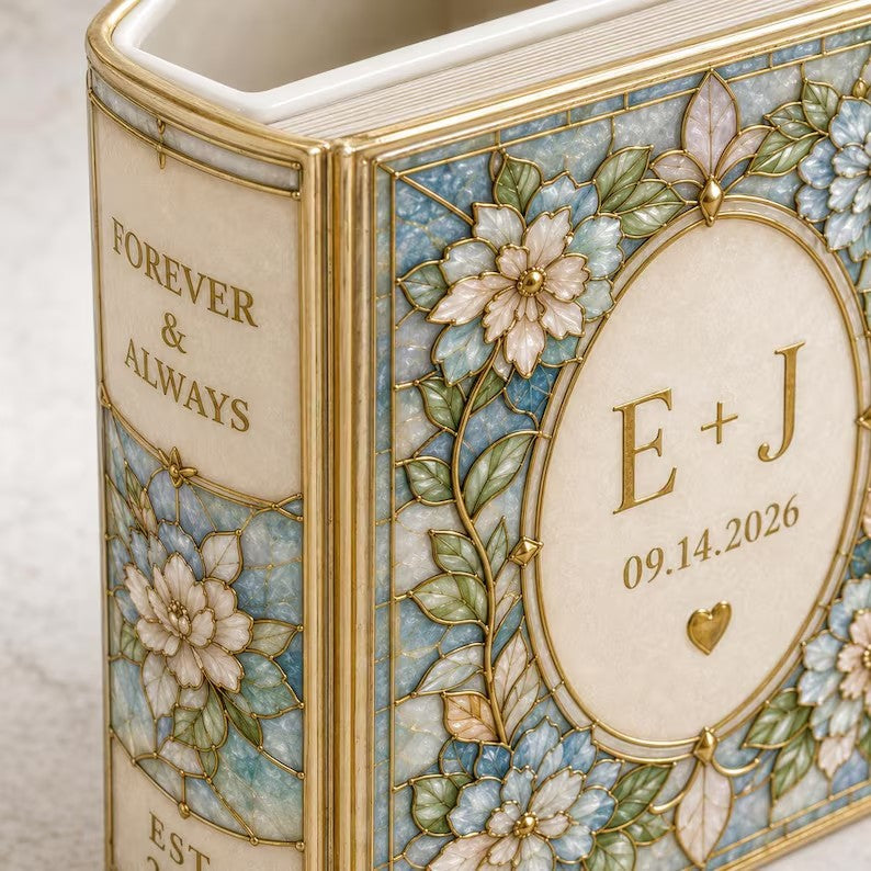 Personalized Ceramic Book Vase, Custom Wedding Flower Vase, Stained Glass Book Vase, Couple Initials Gift