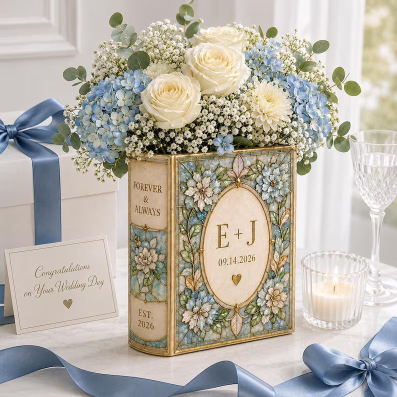 Personalized Ceramic Book Vase, Custom Wedding Flower Vase, Stained Glass Book Vase, Couple Initials Gift