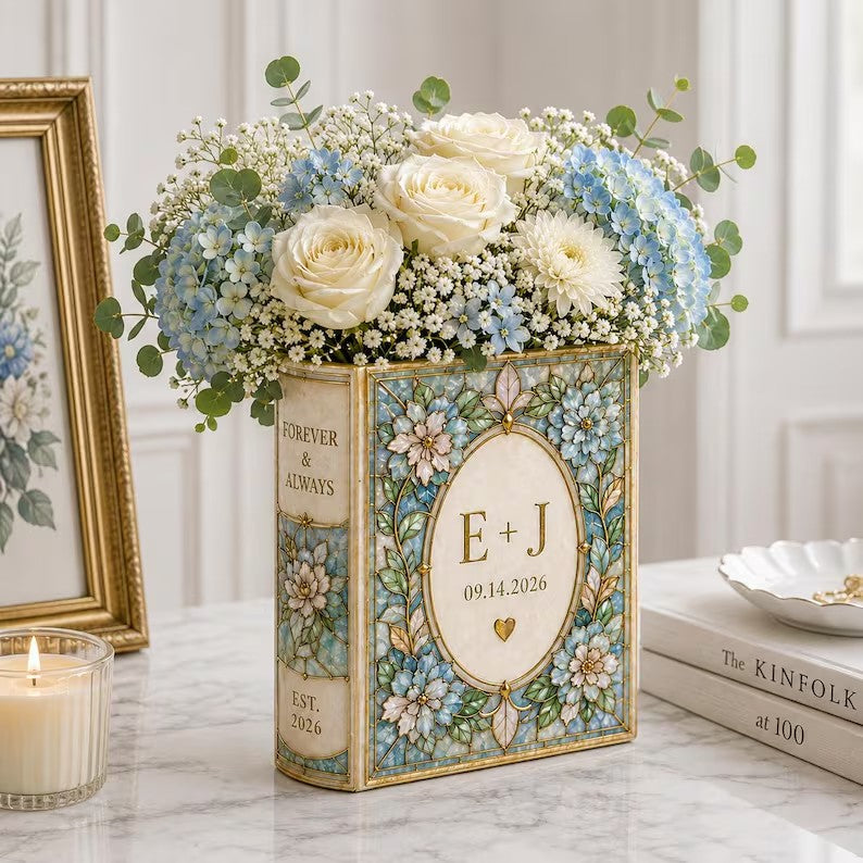 Personalized Ceramic Book Vase, Custom Wedding Flower Vase, Stained Glass Book Vase, Couple Initials Gift