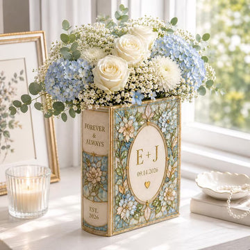 Personalized Ceramic Book Vase, Custom Wedding Flower Vase, Stained Glass Book Vase, Couple Initials Gift