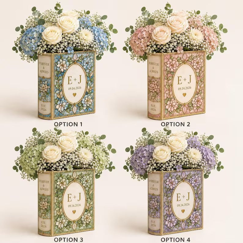Personalized Ceramic Book Vase, Custom Wedding Flower Vase, Stained Glass Book Vase, Couple Initials Gift