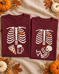 Burgundy Dad pizza and beer and Mom baby skeleton ribcage tees