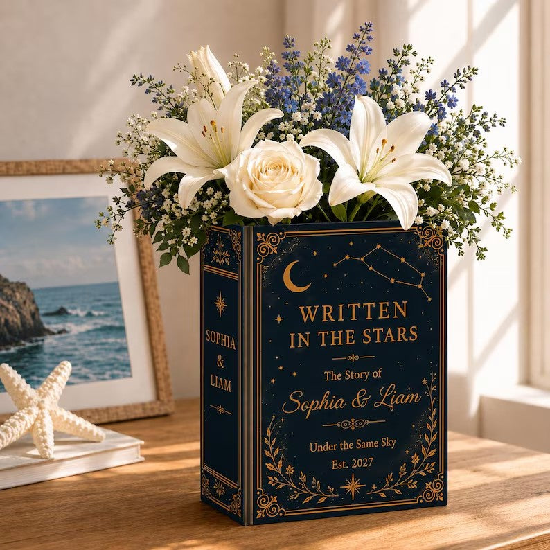Custom Ceramic Book Vase Wedding, Written In The Stars Couple Gift, Personalized Wedding Flower Holder, Romantic Anniversary Home Decor Gift