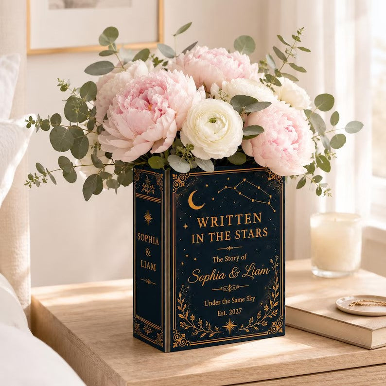 Custom Ceramic Book Vase Wedding, Written In The Stars Couple Gift, Personalized Wedding Flower Holder, Romantic Anniversary Home Decor Gift