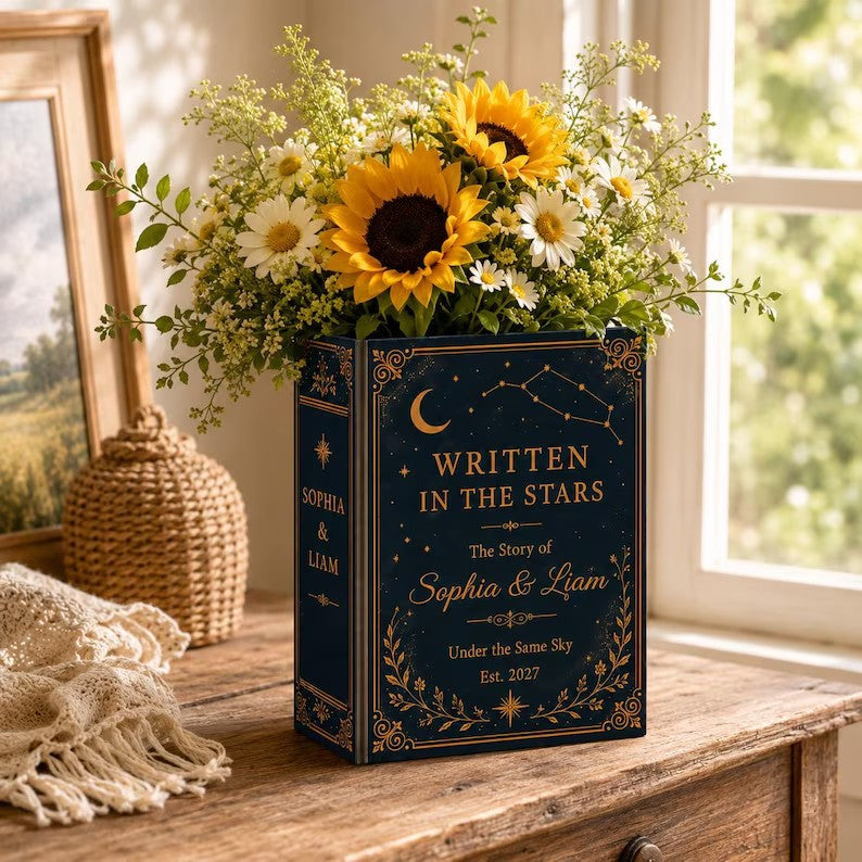Custom Ceramic Book Vase Wedding, Written In The Stars Couple Gift, Personalized Wedding Flower Holder, Romantic Anniversary Home Decor Gift