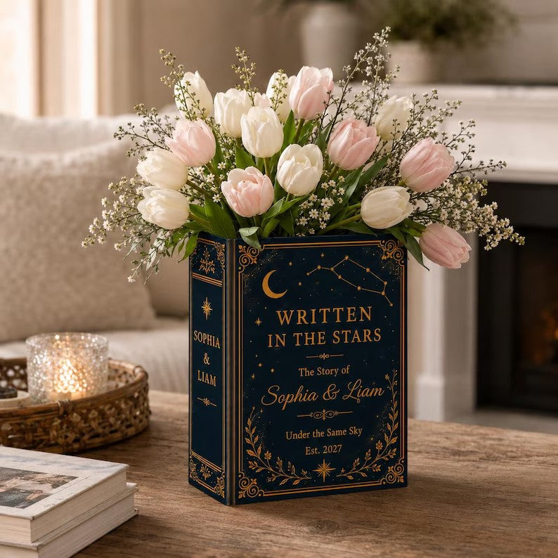 Custom Ceramic Book Vase Wedding, Written In The Stars Couple Gift, Personalized Wedding Flower Holder, Romantic Anniversary Home Decor Gift