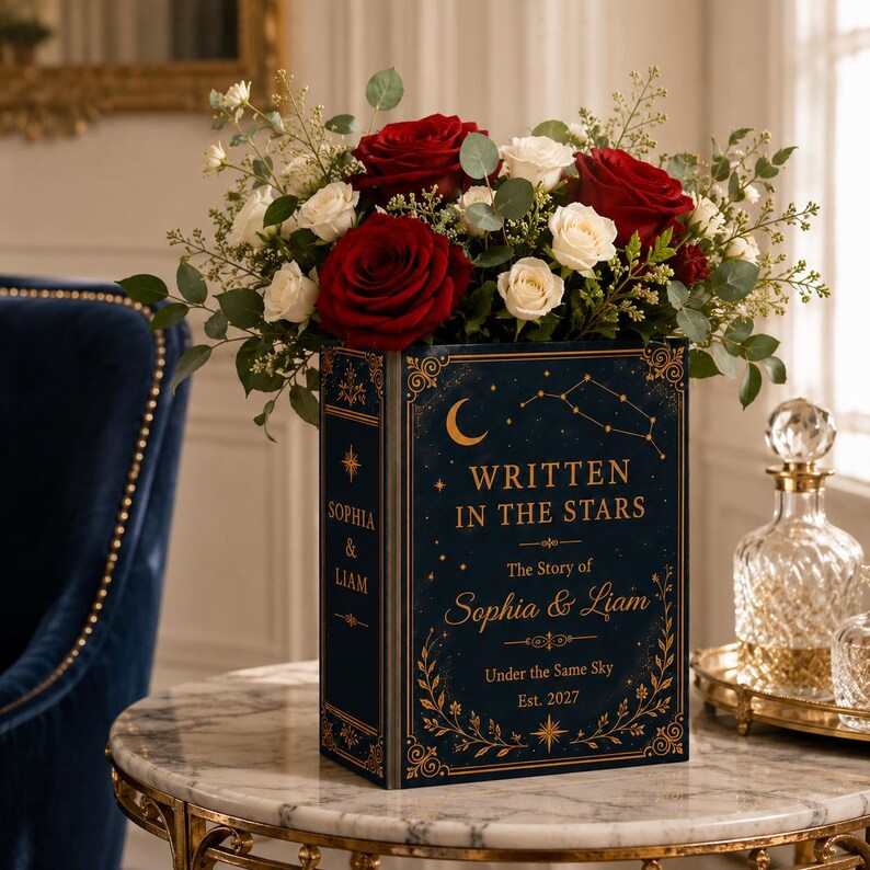 Custom Ceramic Book Vase Wedding, Written In The Stars Couple Gift, Personalized Wedding Flower Holder, Romantic Anniversary Home Decor Gift