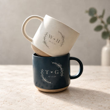 Personalized Floral Mr & Mrs Coffee Mug For Couples, Custom Initials Engraved Couple Pottery Mug, Coffee Mug Bride Groom Wedding Gift