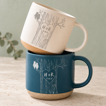 Personalized Engraved Pottery Mug For Couple, Wedding Gift, Custom Carved Initials In A Heart Tree Mug, Engagement Gifts, Newlywed Gift