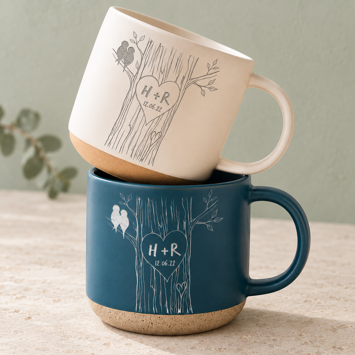Personalized Engraved Pottery Mug For Couple, Wedding Gift, Custom Carved Initials In A Heart Tree Mug, Engagement Gifts, Newlywed Gift