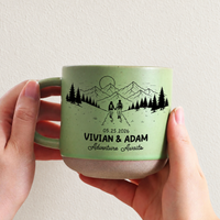 Personalized Engraved Bride & Groom Mountain Romantic Pottery Mug, Newlywed Anniversary Present for Outdoorsy Couple, Unique Engagement Gift