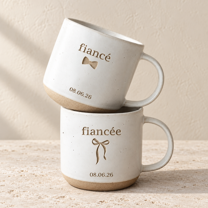 Personalized Fiancé Fiancée Pottery Mugs, Engagement Coffee Cup, Coquette Gift For Couple, Custom Wedding Date Mug, Future Mr And Mrs Gift
