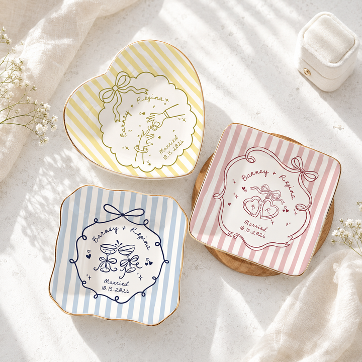 Personalized Engagement Ring Dish, Bridal Shower Gift for Bride, Colorful Ceramic Trinket Tray, Custom Couple Name Wedding Keepsake