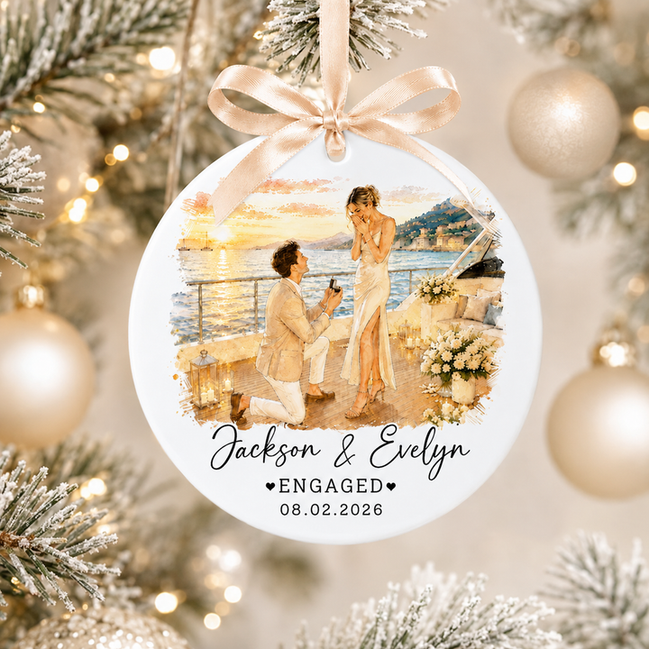 Personalized Engagement Photo Ornament, Custom Watercolor Couple Portrait, Names and Date, Newly Engaged Gift