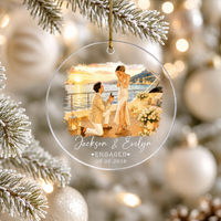 Personalized Engagement Photo Glass Ornament, Watercolor Couple Portrait, Names & Date, Proposal Gift, First Christmas Engaged