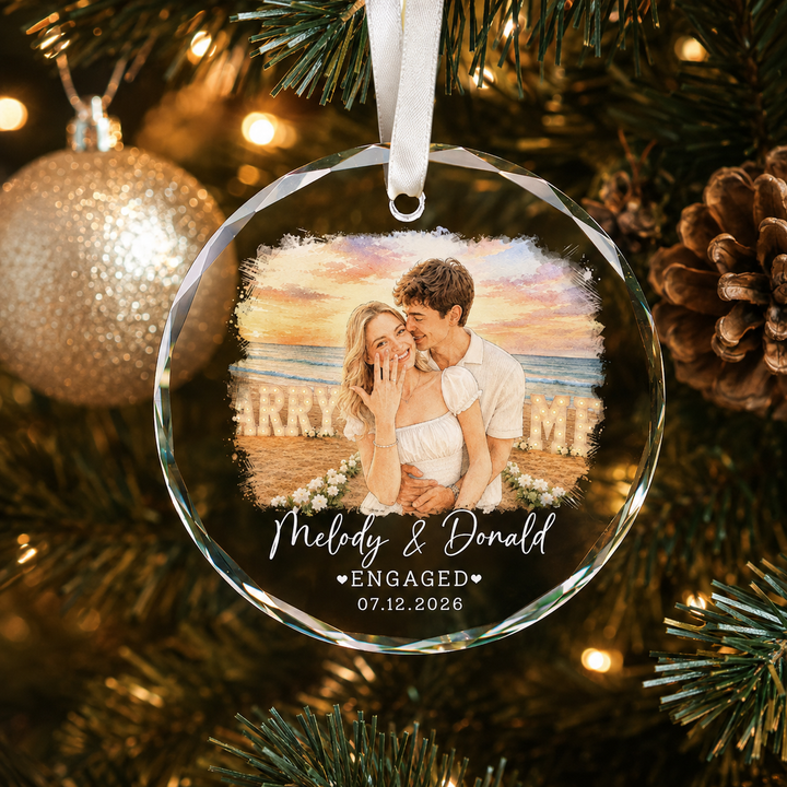 Personalized Engagement Photo Glass Ornament, Watercolor Couple Portrait, Names & Date, Proposal Gift, First Christmas Engaged