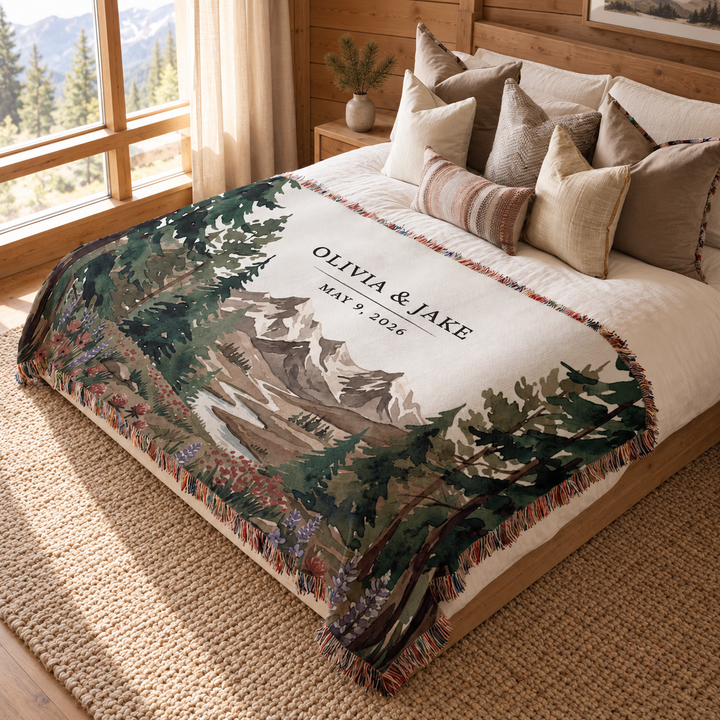 Personalized National Park Woven Blanket Outdoorsy Couple Wedding Gift Forest Scene Adventurous Hiking Cotton Anniversary Wildflower Names