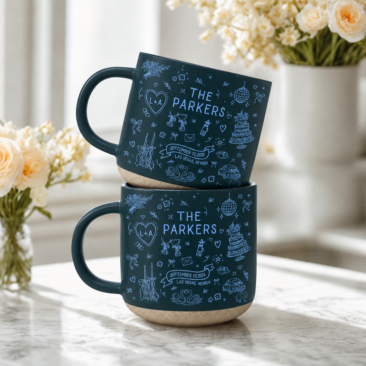 Wedding Gift, Personalized Bridal Ceramic Mug with Names, Date & Location, Married Coffee Cup for Mr and Mrs, Bride and Groom with Pet Mugs