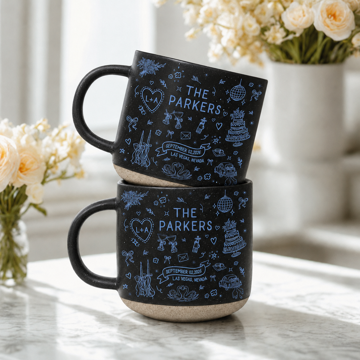 Wedding Gift, Personalized Bridal Ceramic Mug with Names, Date & Location, Married Coffee Cup for Mr and Mrs, Bride and Groom with Pet Mugs