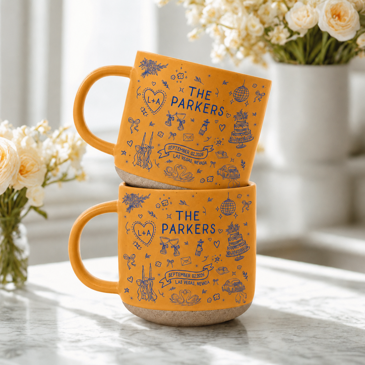Wedding Gift, Personalized Bridal Ceramic Mug with Names, Date & Location, Married Coffee Cup for Mr and Mrs, Bride and Groom with Pet Mugs