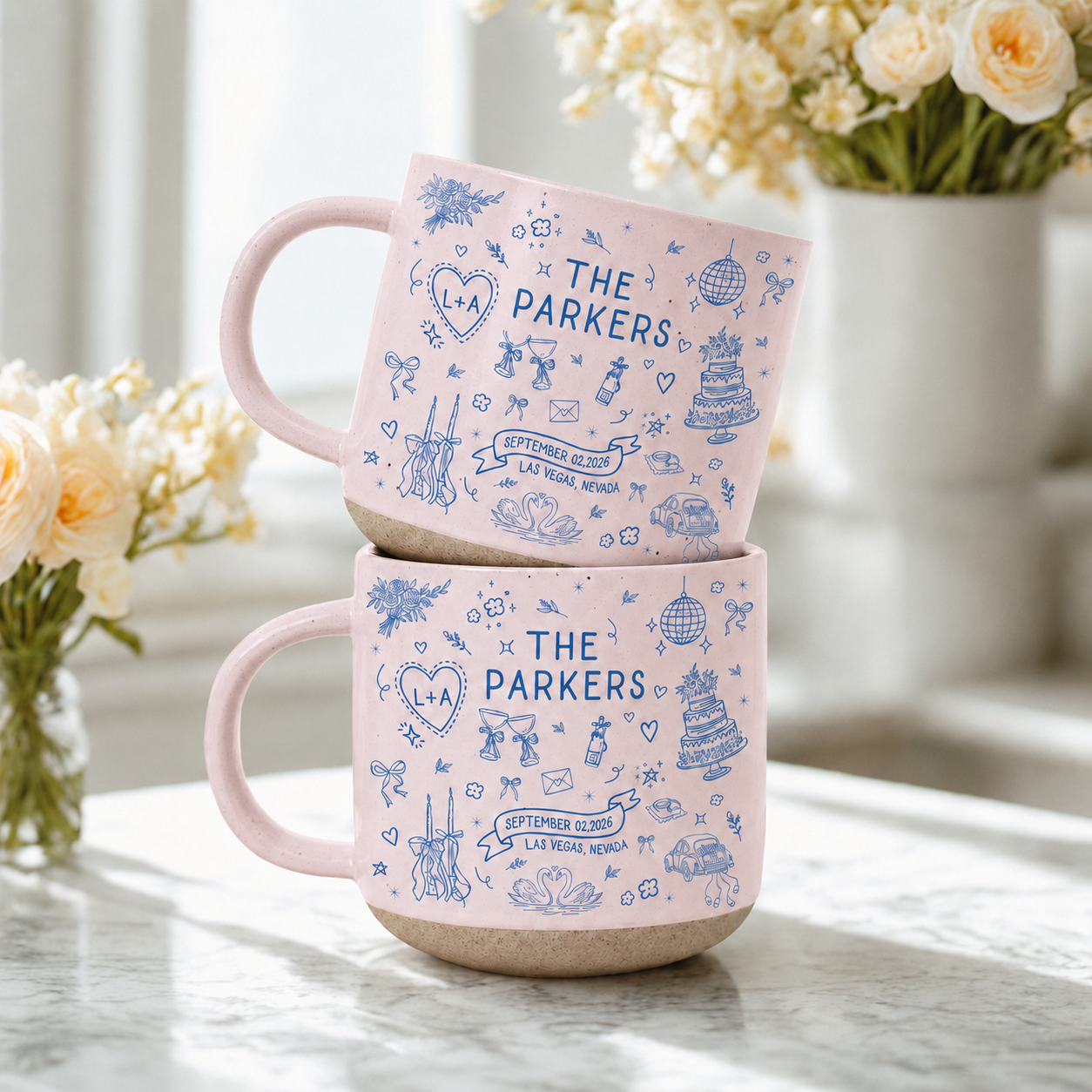 Wedding Gift, Personalized Bridal Ceramic Mug with Names, Date & Location, Married Coffee Cup for Mr and Mrs, Bride and Groom with Pet Mugs