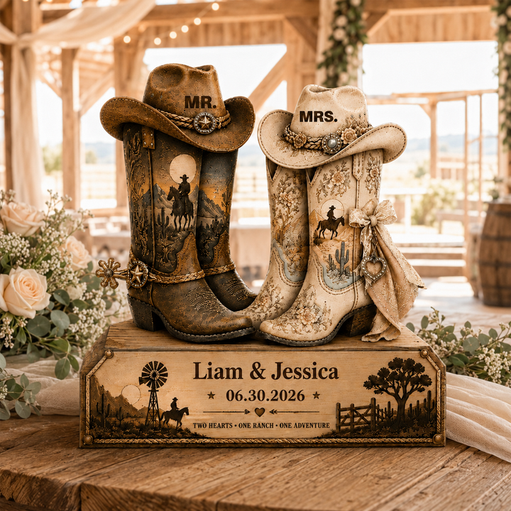 Personalized Cowboy Boots Wooden Block - Custom Rustic Wedding Gift for Couples Anniversary Decor