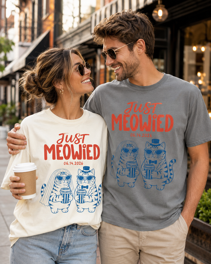 Just Meowied Cat Wedding Comfort T-Shirt, Personalized Wedding Date Shirt, Gift for Cat Loving Couples, Wedding Gift, Newlywed Gift, Anniversary Gift