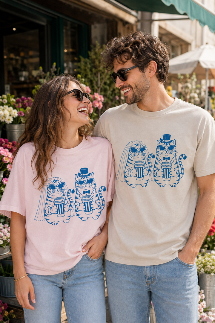 Bride & Groom Cat Couple Comfort T-Shirt, Wedding Gift for Cat Loving Couples, Newlywed Gift, Anniversary Gift, Matching Couple Shirt