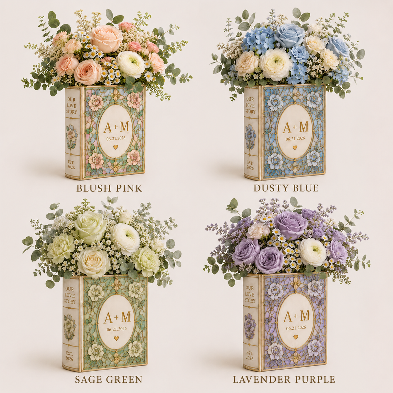 Personalized Ceramic Book Vase, Stained Glass Floral Design, Wedding Couple Gift