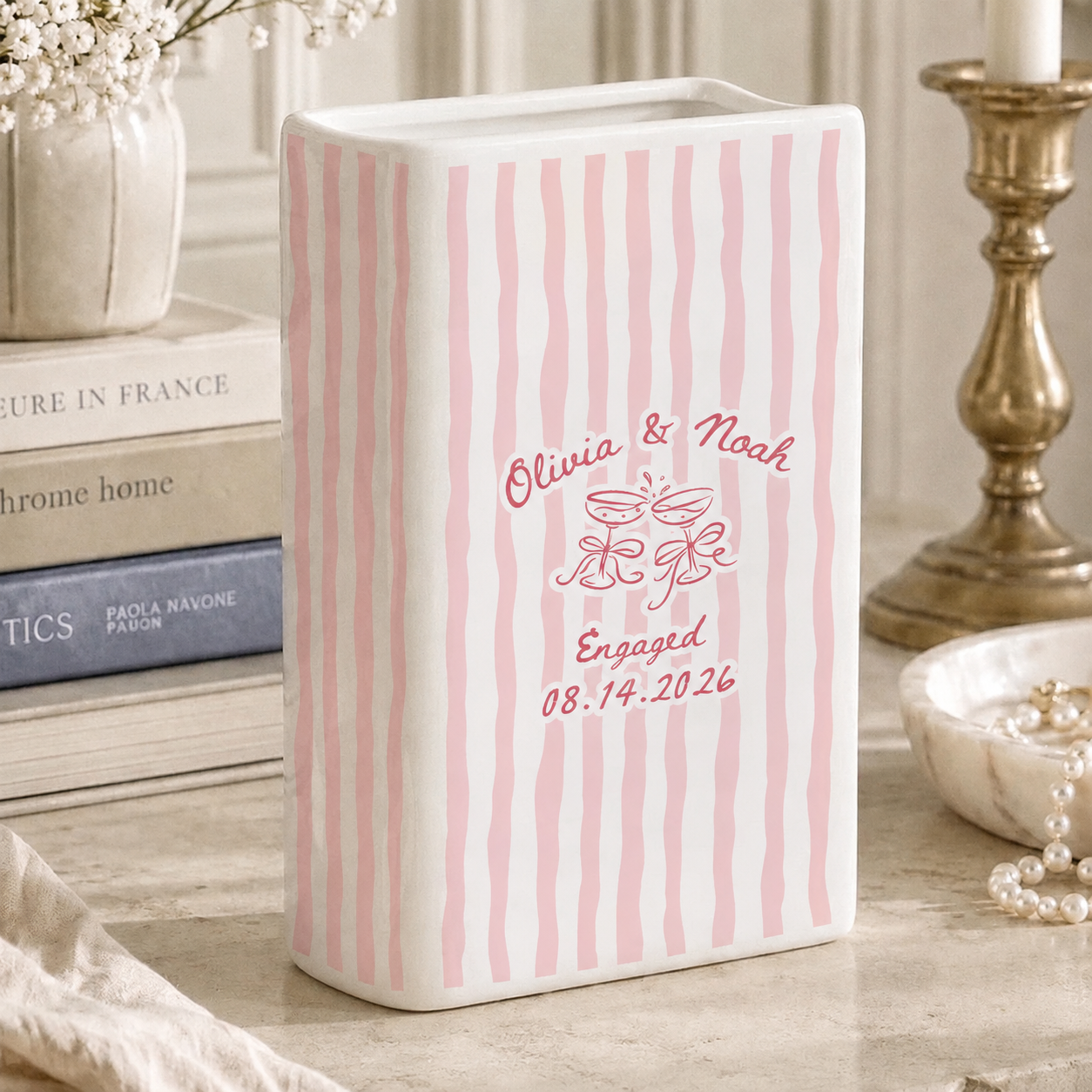 Personalized Engagement Ceramic Book Vase, Custom Striped Couple Name Book Vase, Striped Engaged Gift, Gift For Bride, Engagement Gift funcustomtrend