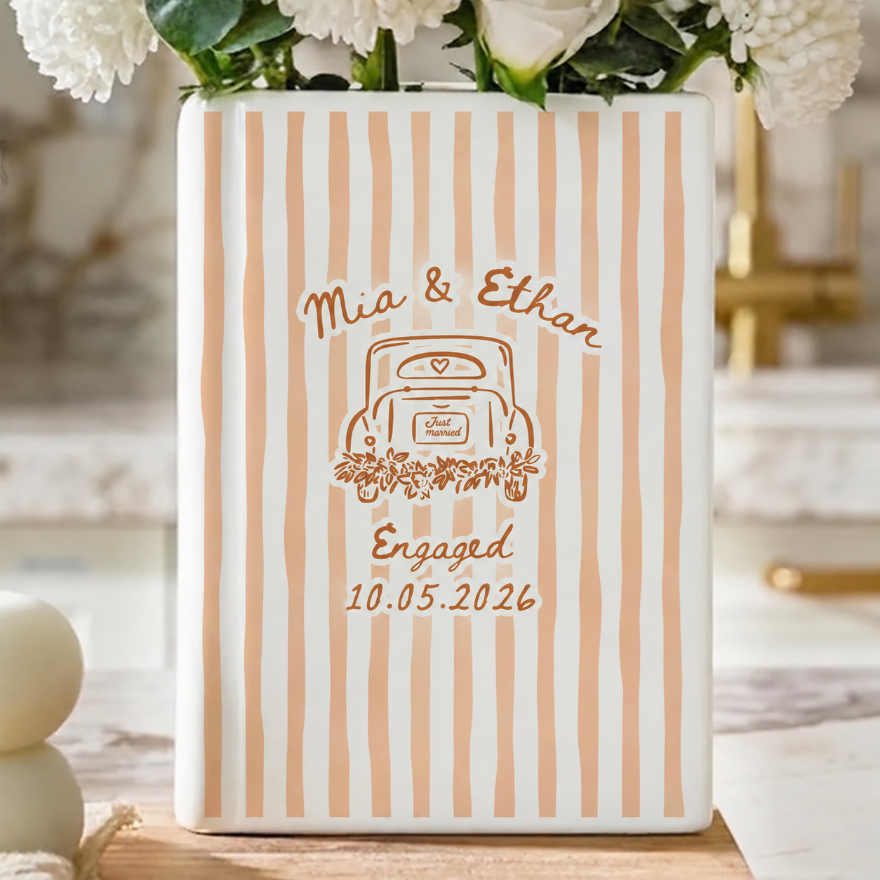 Personalized Engagement Ceramic Book Vase, Custom Striped Couple Name Book Vase, Striped Engaged Gift, Gift For Bride, Engagement Gift funcustomtrend