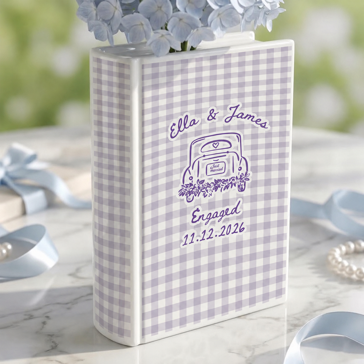 Personalized Engagement Ceramic Book Vase, Custom Striped Couple Name Book Vase, Striped Engaged Gift, Gift For Bride, Engagement Gift funcustomtrend