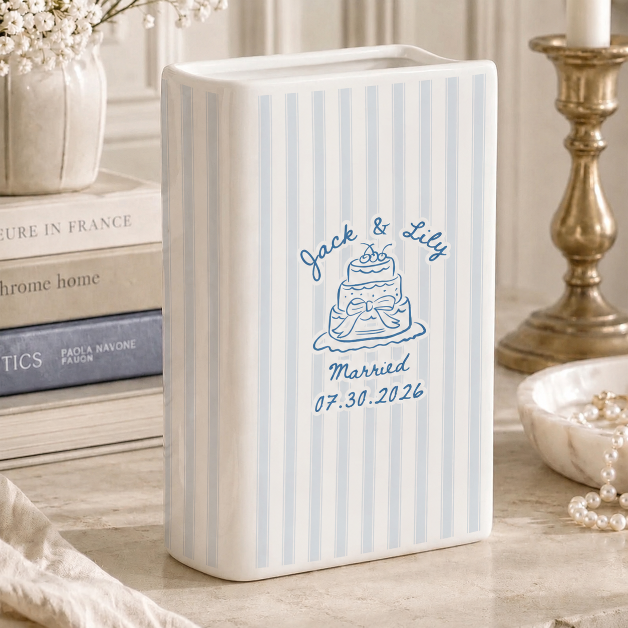 Personalized Engagement Ceramic Book Vase, Custom Striped Couple Name Book Vase, Striped Engaged Gift, Gift For Bride, Engagement Gift funcustomtrend