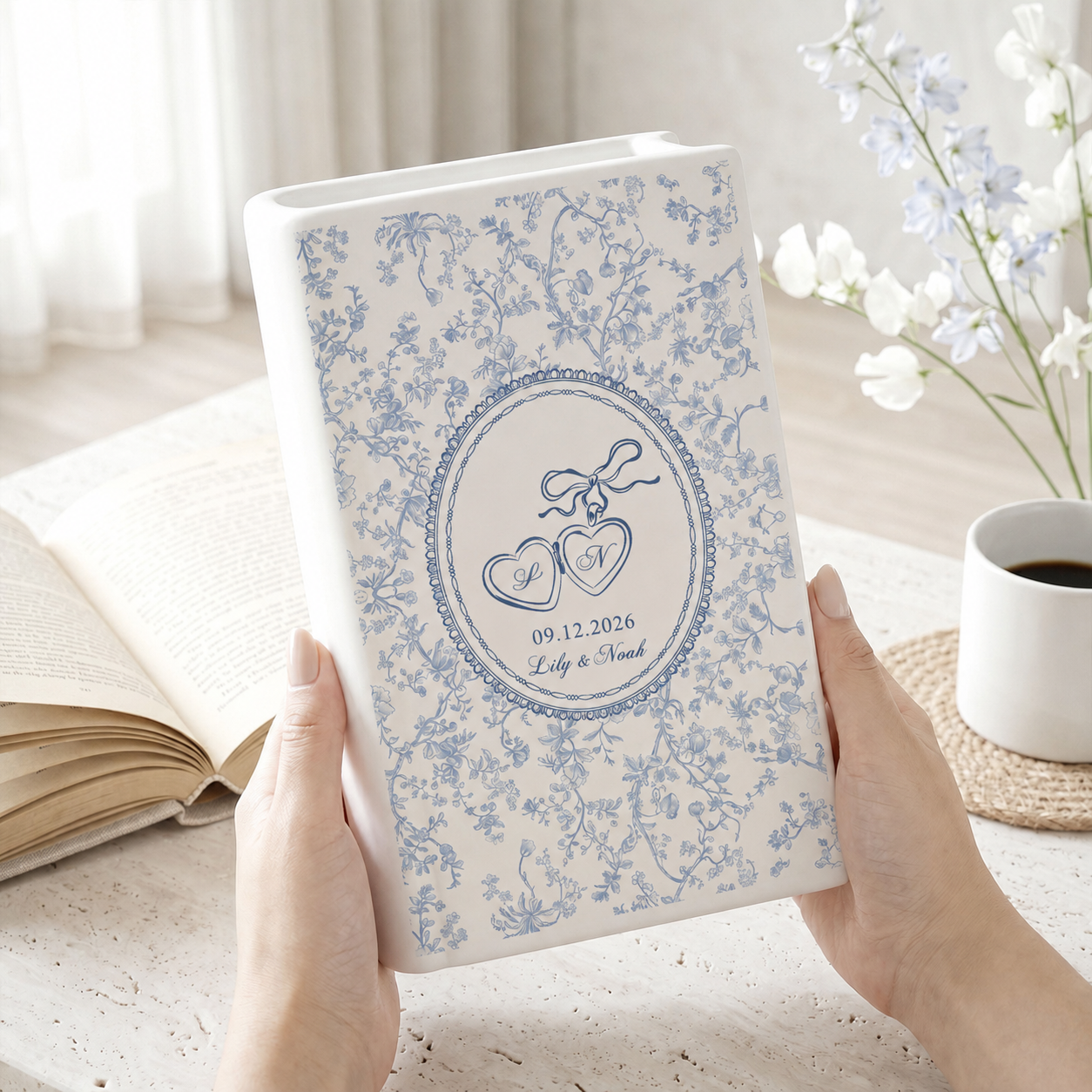 Toile Couple Ceramic Book Vase, Custom Wedding Gift, Bridal Shower Gift, Anniversary Gift, Bridesmaid Gift, Engagement Gift, Gift for Couple