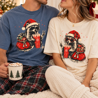 Santa Raccoon Iced Coffee Comfort Colors Shirts – Christmas Couple Gift
