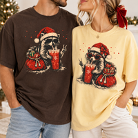 Santa Raccoon Iced Coffee Comfort Colors Shirts – Christmas Couple Gift