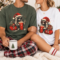 Santa Raccoon Iced Coffee Comfort Colors Shirts – Christmas Couple Gift