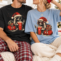 Santa Raccoon Iced Coffee Comfort Colors Shirts – Christmas Couple Gift