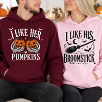 Funny Halloween Couple Sweatshirt & Hoodie - I Like Her Pumpkins, I Like His Broomstick Matching Spooky Pullover