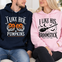 Funny Halloween Couple Sweatshirt & Hoodie - I Like Her Pumpkins, I Like His Broomstick Matching Spooky Pullover