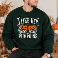 Funny Halloween Couple Sweatshirt & Hoodie - I Like Her Pumpkins, I Like His Broomstick Matching Spooky Pullover