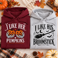 Funny Halloween Couple Sweatshirt & Hoodie - I Like Her Pumpkins, I Like His Broomstick Matching Spooky Pullover