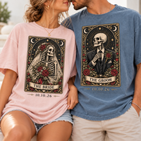 Bride & Groom Skeleton Tarot Card Shirts, Custom Date Tarot Card Wedding Tees, Gothic Wedding Couple Gift