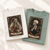Bride & Groom Skeleton Tarot Card Shirts, Custom Date Tarot Card Wedding Tees, Gothic Wedding Couple Gift