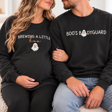 Brewing a Little Boo & Boo's Bodyguard Matching Couple Sweatshirt & Hoodie, Halloween Pregnancy Announcement Shirts