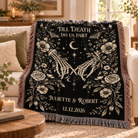Personalized Till Death Woven Blanket, Gothic Skeleton Couple Throw, Wedding & Anniversary Gift
