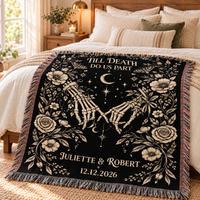 Personalized Till Death Woven Blanket, Gothic Skeleton Couple Throw, Wedding & Anniversary Gift